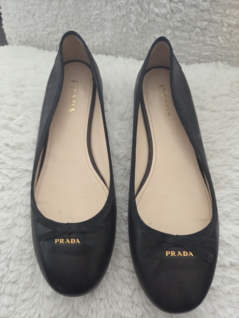 Prada Black Leather Ballet Flats with Gold Logo